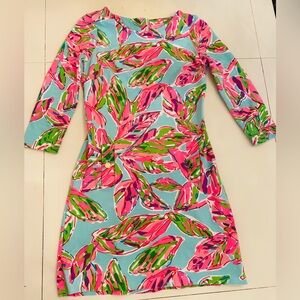 Lilly Pulitzer Pink and Green, turquoise Leaf Print Dress, beautiful! Small